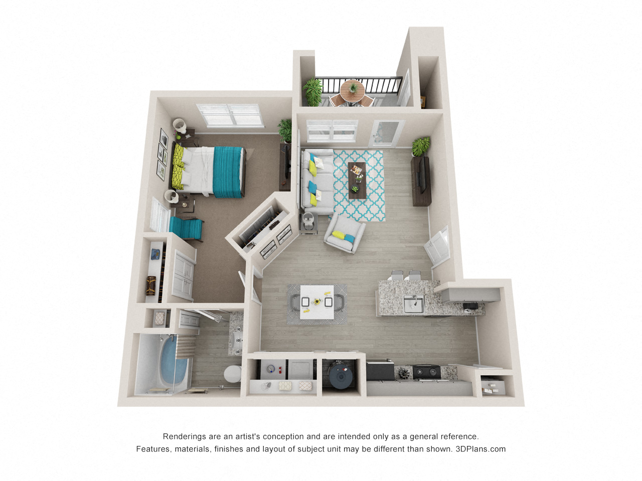 Floor plan for 1 bed, 1 bath, 749 sqft